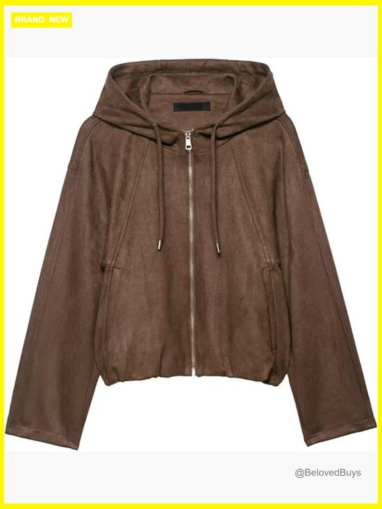 Jackets & Blazers - Women's Faux Suede Drawstring Hooded Bomber Jacket